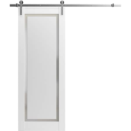 Sartodoors Sturdy Barn Door 28 x 80in, Painted White W/ Frosted Glass, SS 6.6FT Rail Hangers Heavy Set PLANUM0888BD-S-BEM-28